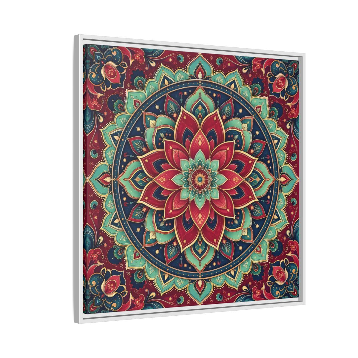 Side Mockup 7. Floral Floral Mandala Red Teal Mandala shown as framed canvas print