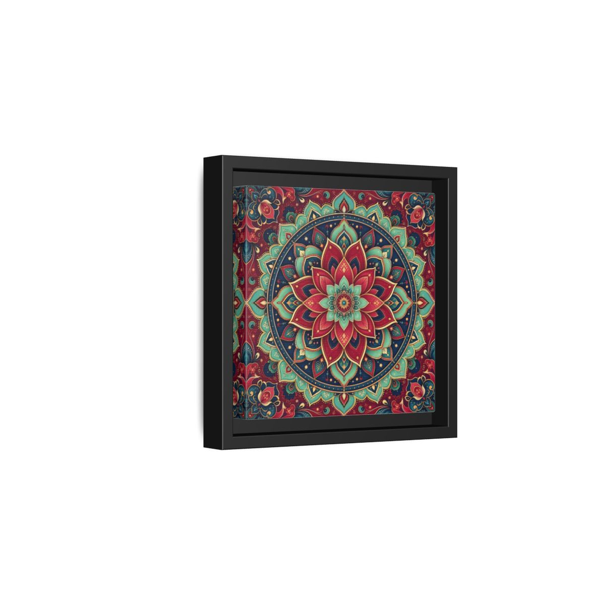 Side Mockup 3. Floral Floral Mandala Red Teal Mandala shown as framed canvas print