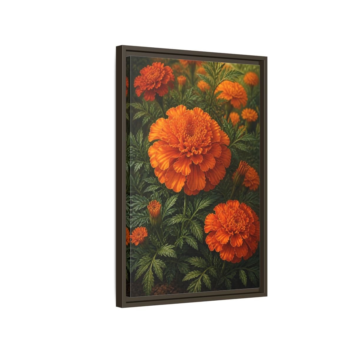 Floral Marigold Flowers Orange And Green Framed Canvas Print – Living Room, Above Couch - YesArtYes