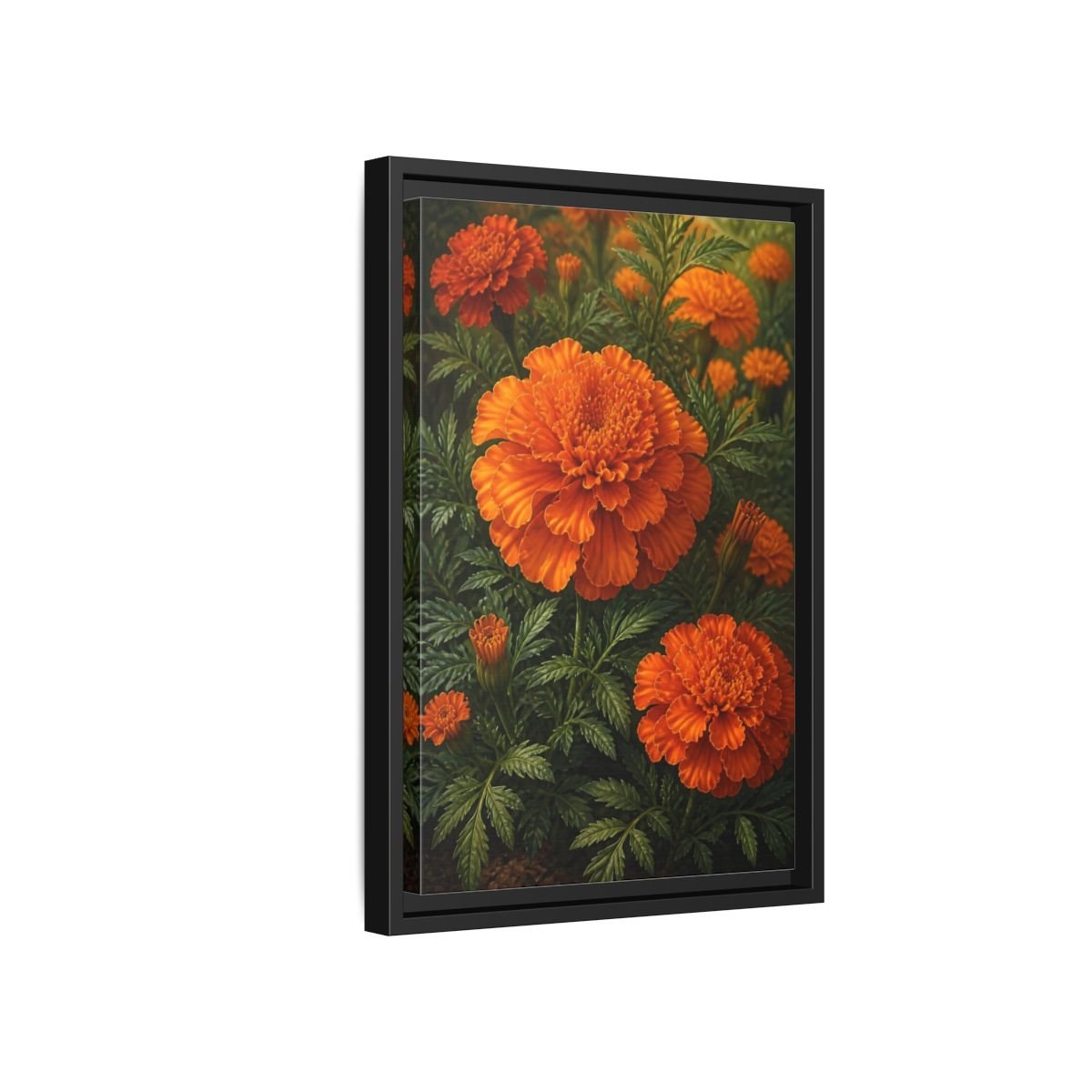 Floral Marigold Flowers Orange And Green Framed Canvas Print – Living Room, Above Couch - YesArtYes