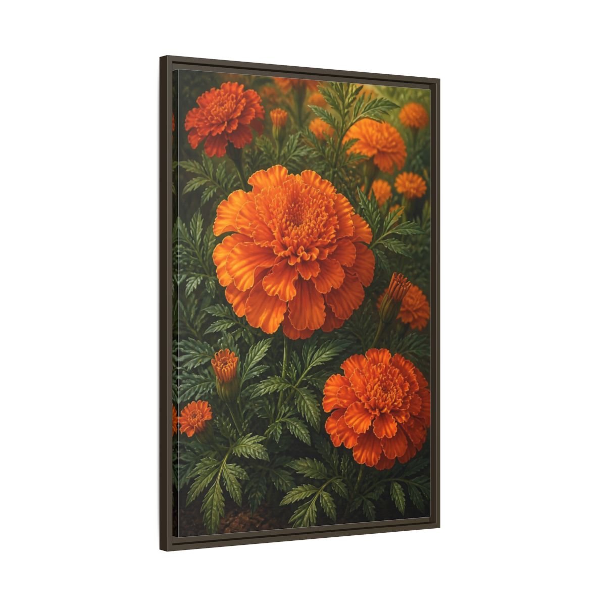 Floral Marigold Flowers Orange And Green Framed Canvas Print – Living Room, Above Couch - YesArtYes