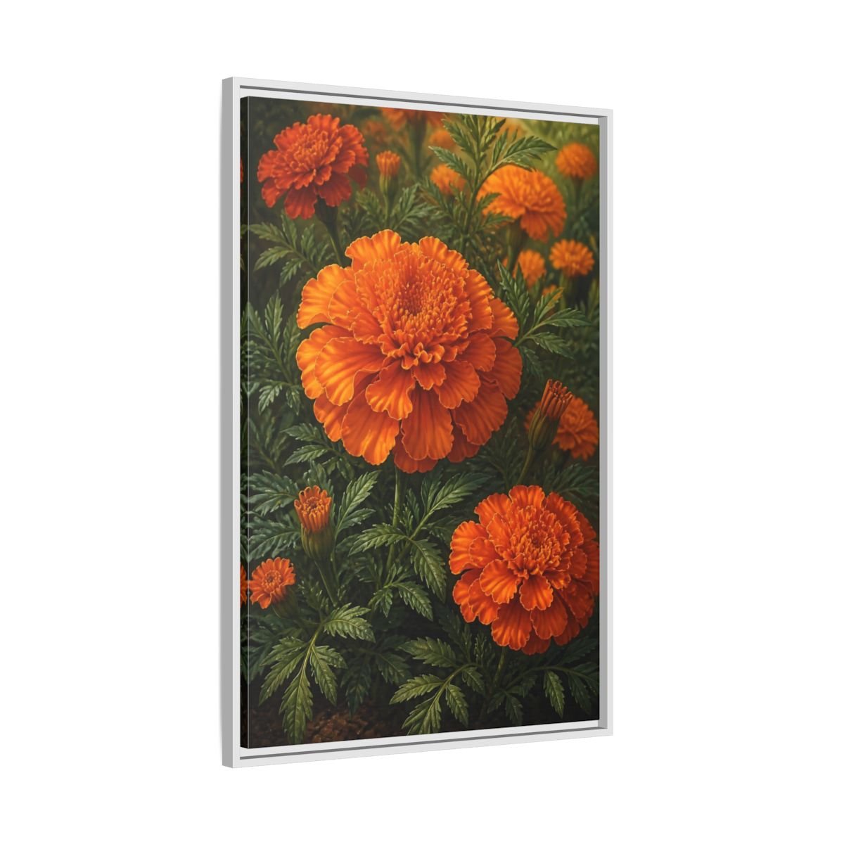 Floral Marigold Flowers Orange And Green Framed Canvas Print – Living Room, Above Couch - YesArtYes