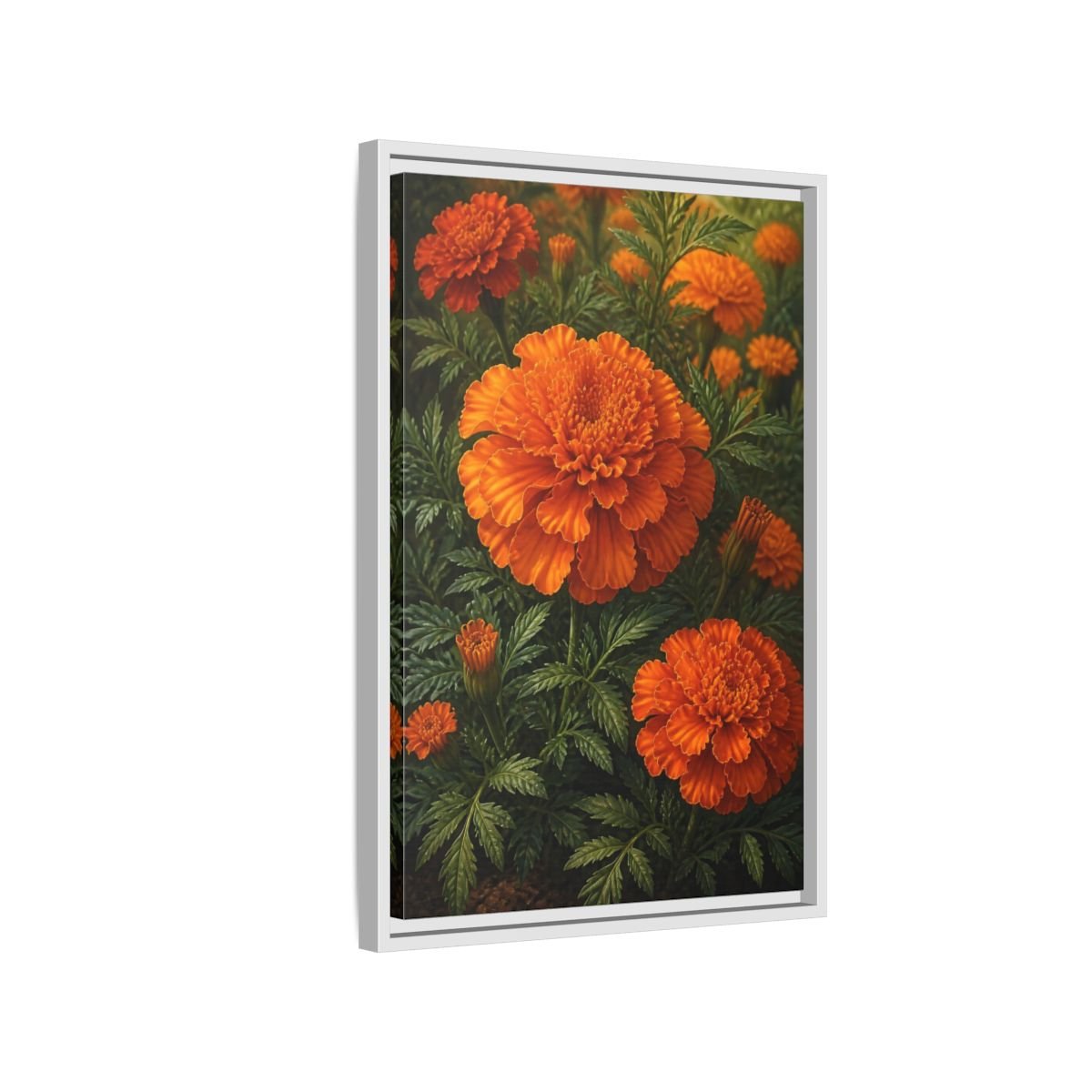 Floral Marigold Flowers Orange And Green Framed Canvas Print – Living Room, Above Couch - YesArtYes