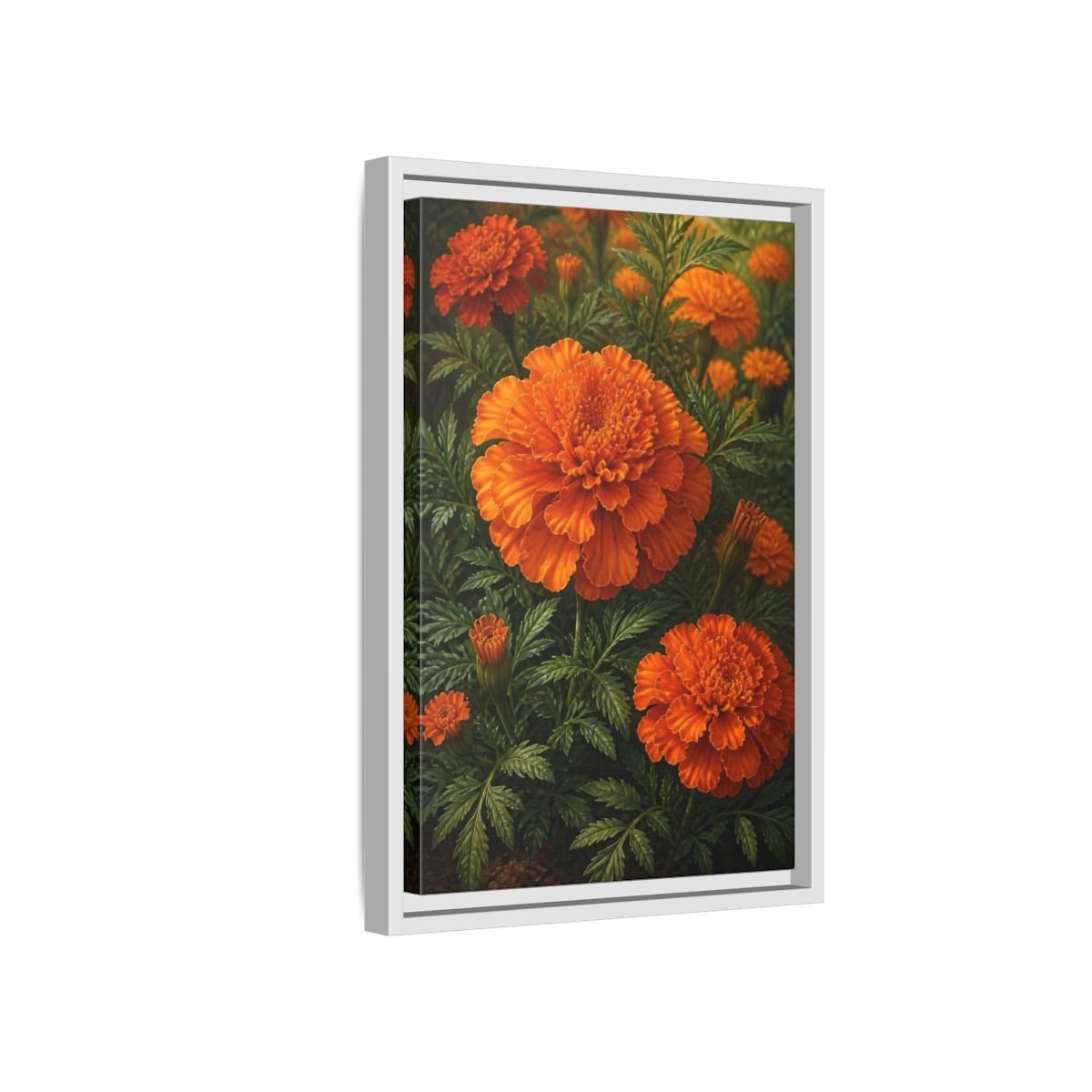 Floral Marigold Flowers Orange And Green Framed Canvas Print – Living Room, Above Couch - YesArtYes