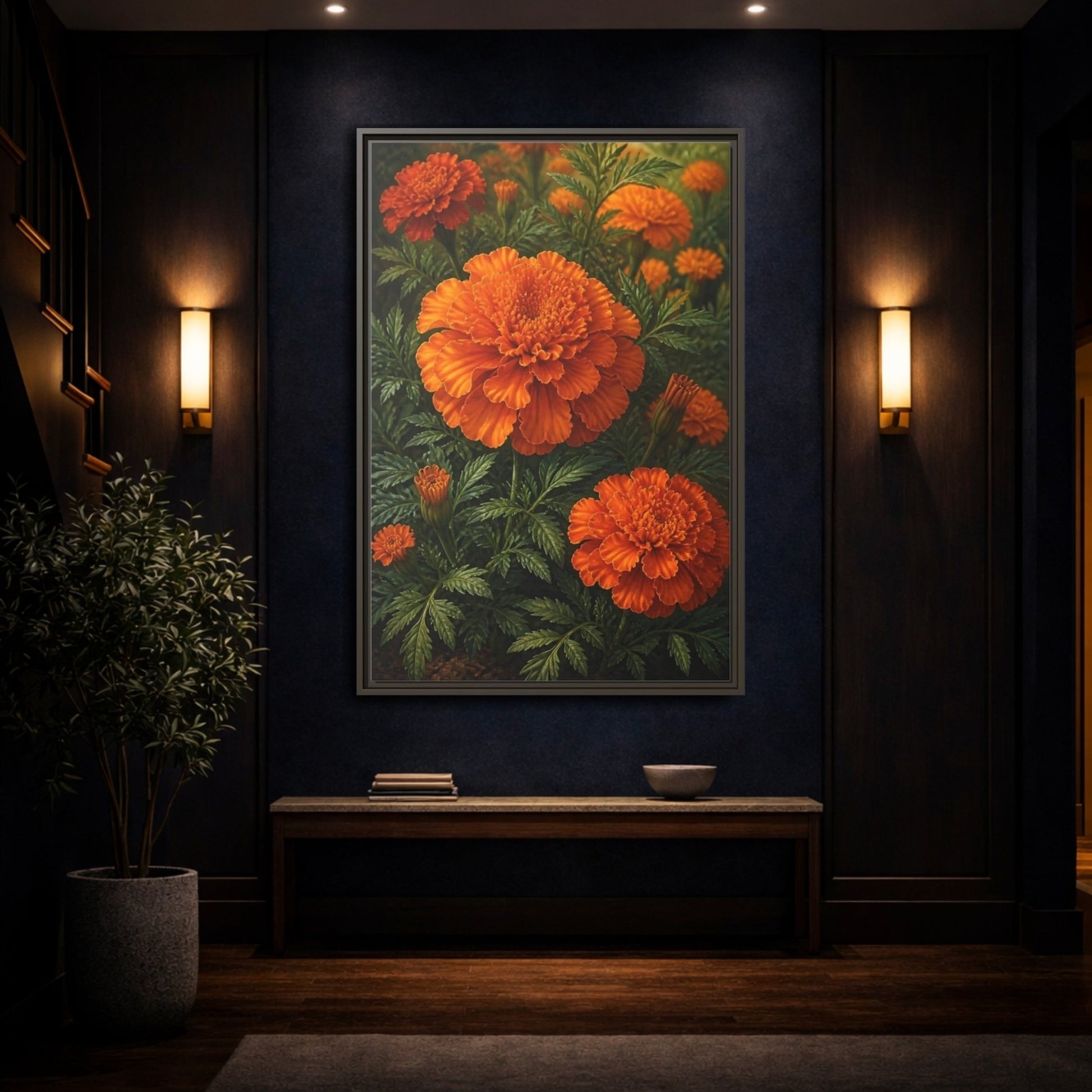 Floral Marigold Flowers Orange And Green Framed Canvas Print – Living Room, Above Couch - YesArtYes