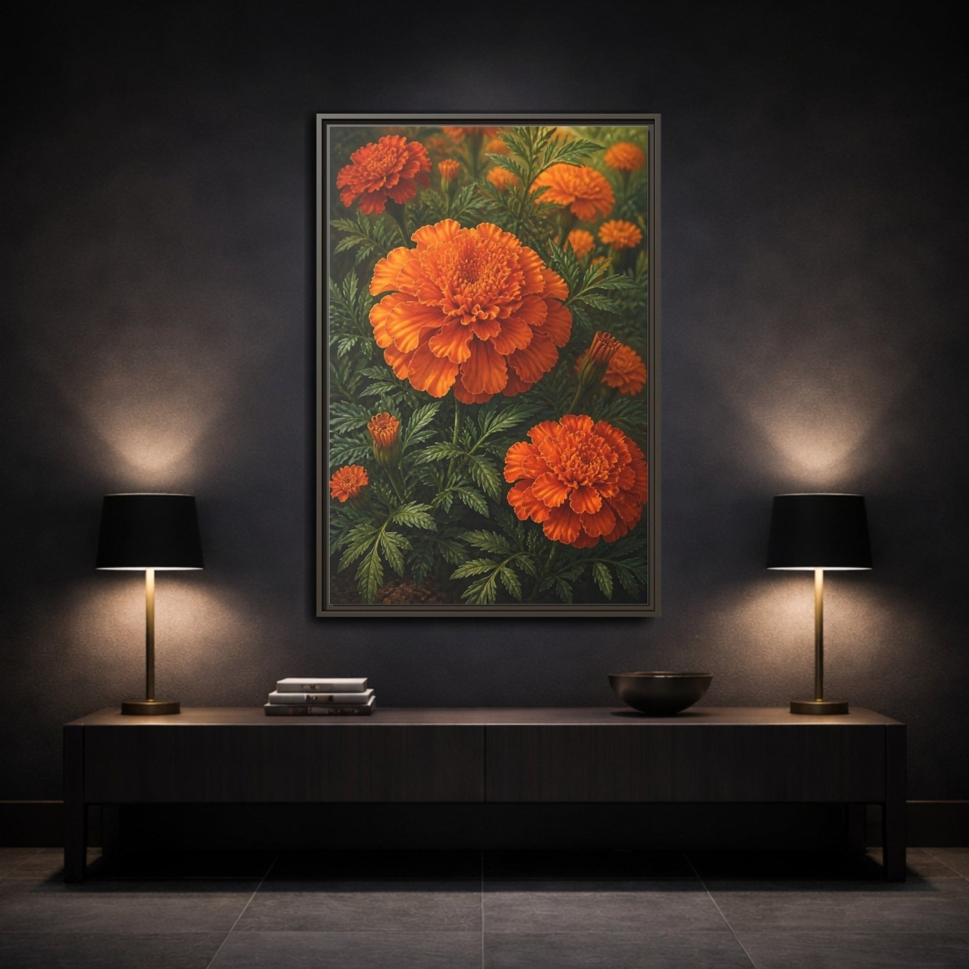 Floral Marigold Flowers Orange And Green Framed Canvas Print – Living Room, Above Couch - YesArtYes