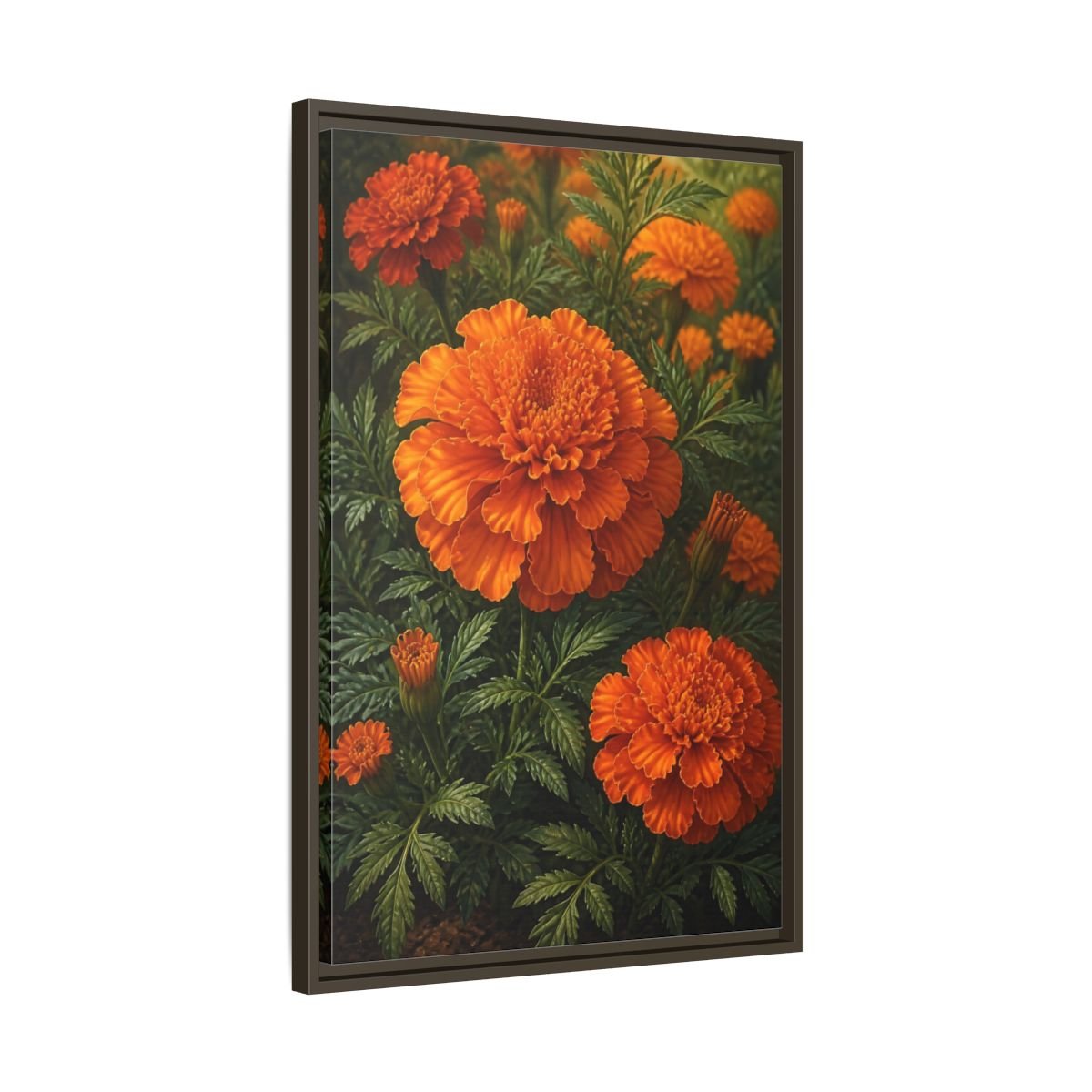 Floral Marigold Flowers Orange And Green Framed Canvas Print – Living Room, Above Couch - YesArtYes