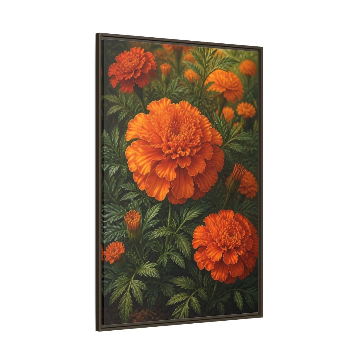 Floral Marigold Flowers Orange And Green Framed Canvas Print – Living Room, Above Couch - YesArtYes