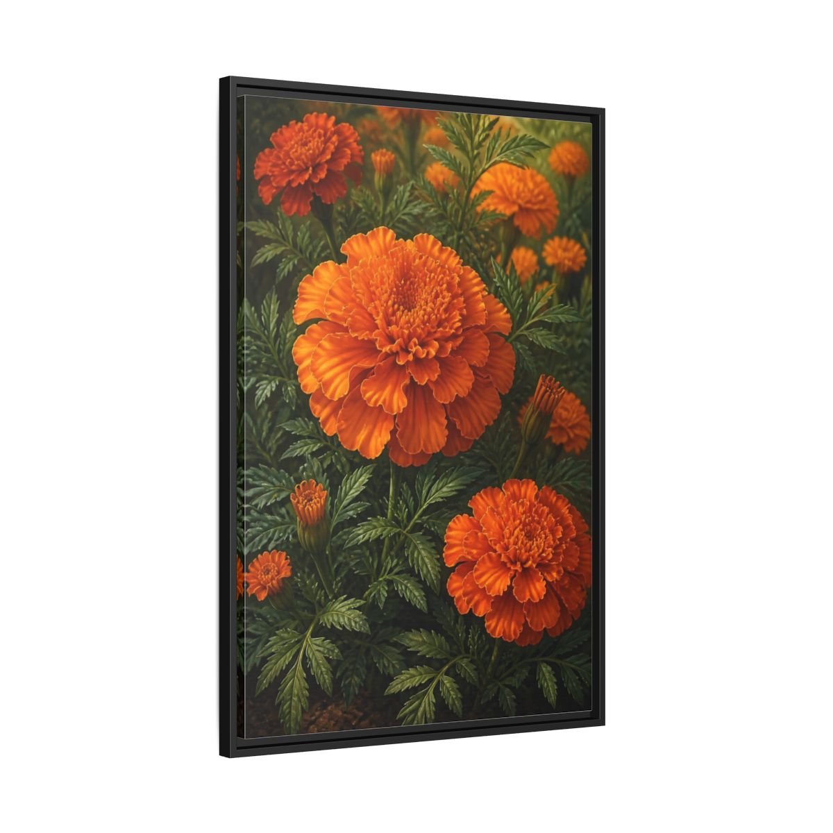Floral Marigold Flowers Orange And Green Framed Canvas Print – Living Room, Above Couch - YesArtYes