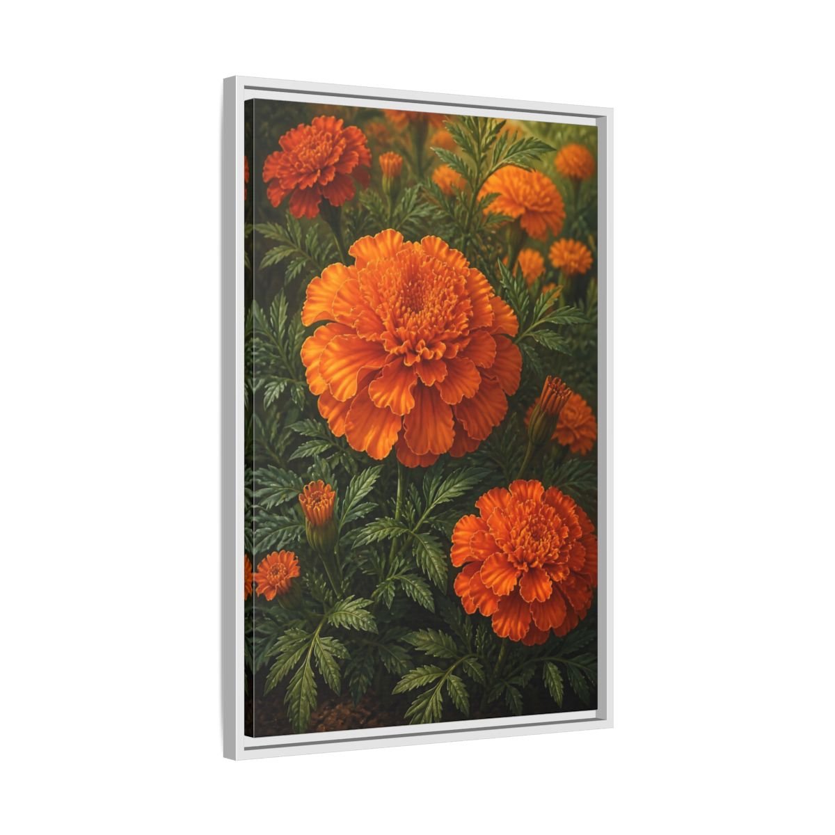 Floral Marigold Flowers Orange And Green Framed Canvas Print – Living Room, Above Couch - YesArtYes