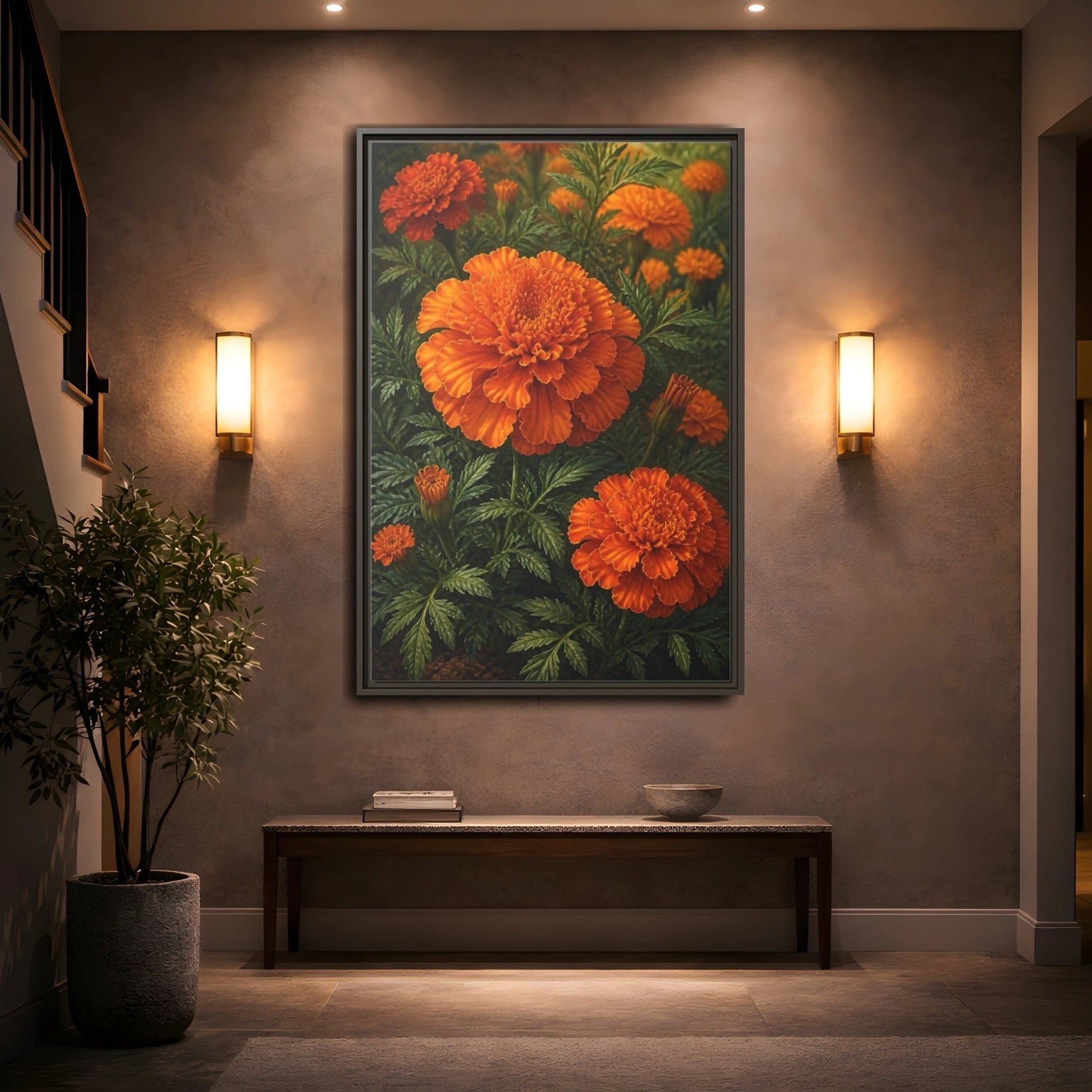 Floral Marigold Flowers Orange And Green Framed Canvas Print – Living Room, Above Couch - YesArtYes