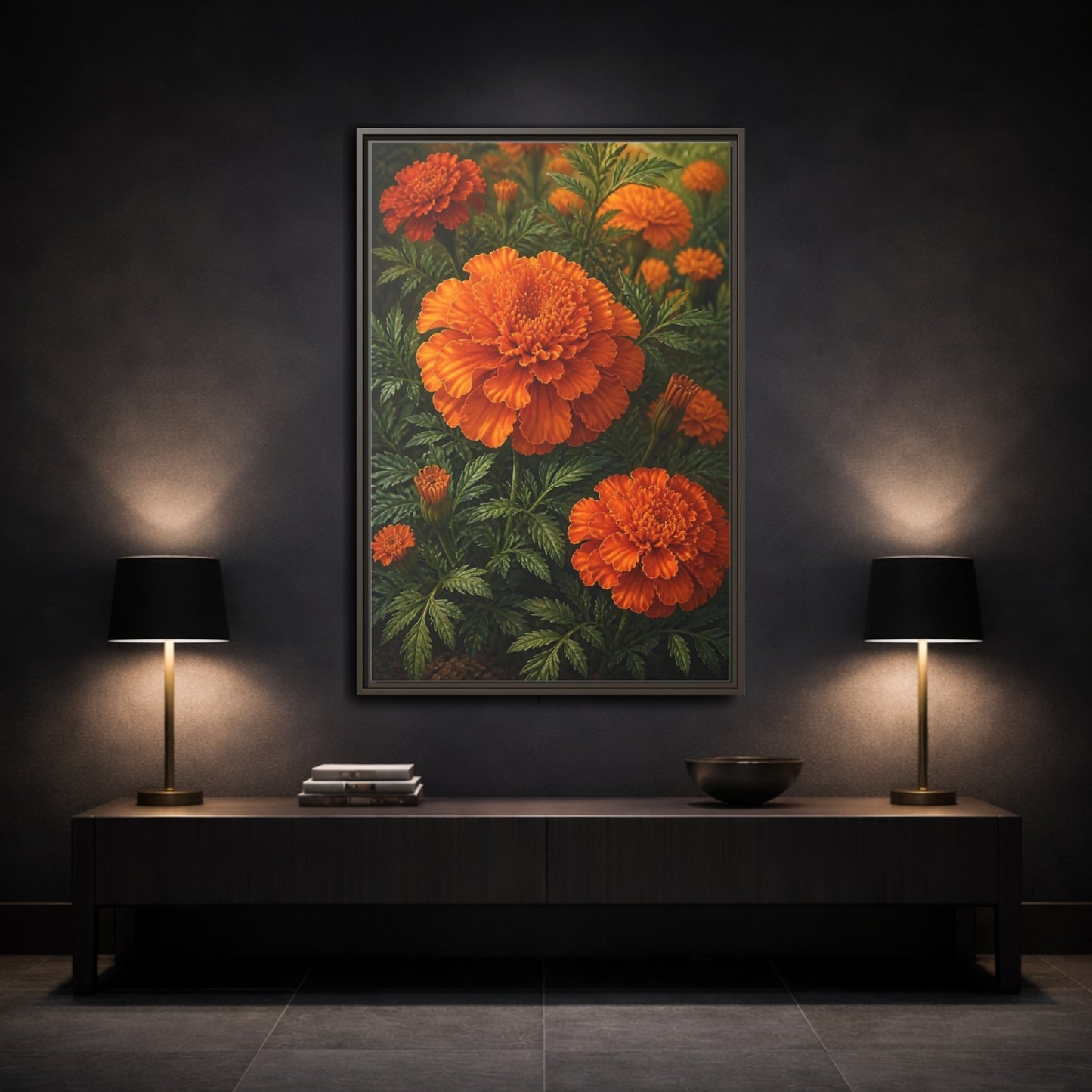 Mockup 3. Floral Marigold Flowers Orange And Green shown as framed canvas print