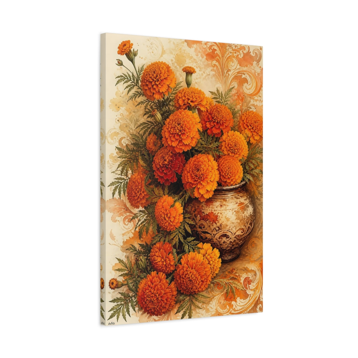 Side Mockup 2. Floral Marigolds Orange Marigolds shown as canvas print