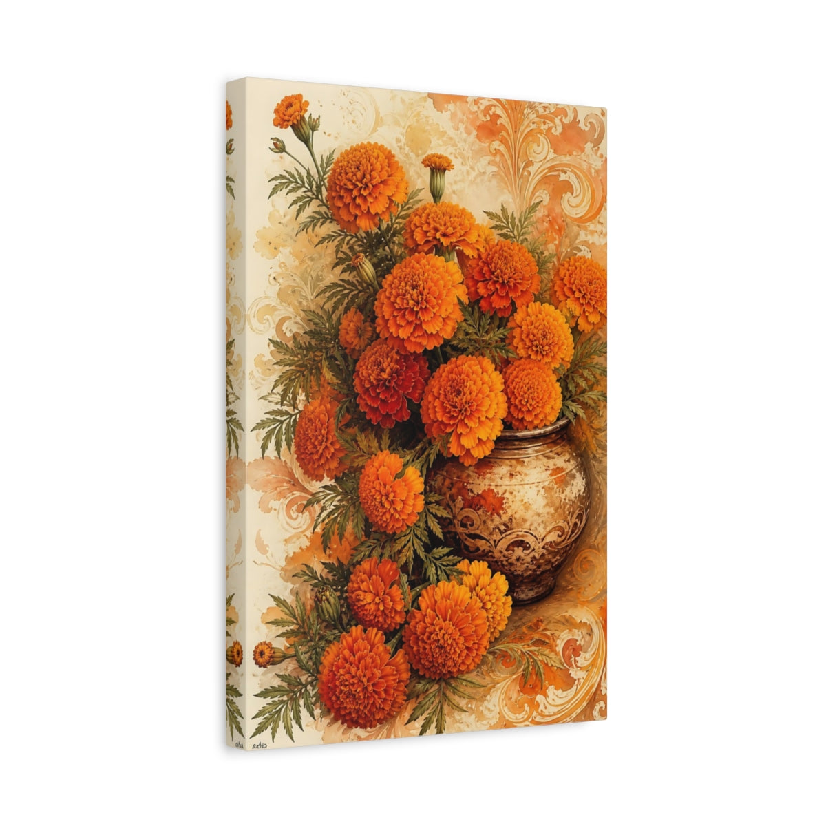 Side Mockup 4. Floral Marigolds Orange Marigolds shown as canvas print