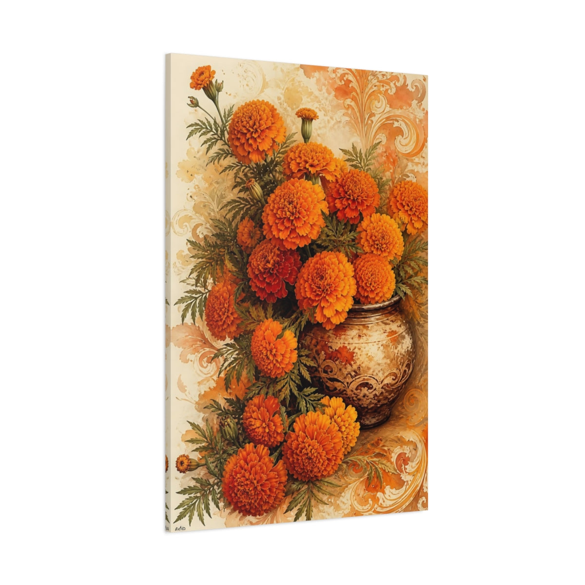 Side Mockup 1. Floral Marigolds Orange Marigolds shown as canvas print