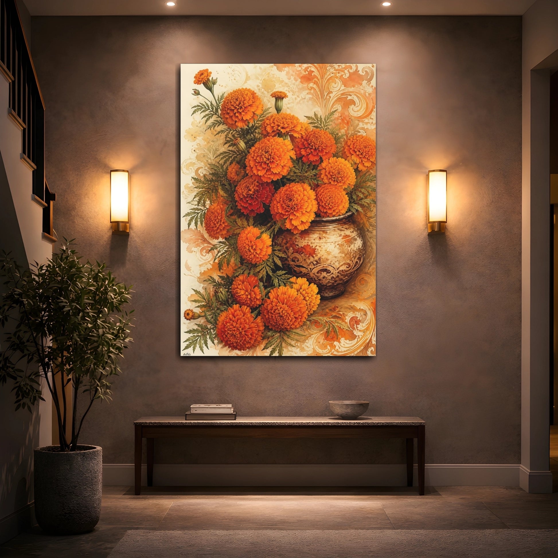 Mockup 2. Floral Marigolds Orange Marigolds shown as canvas print
