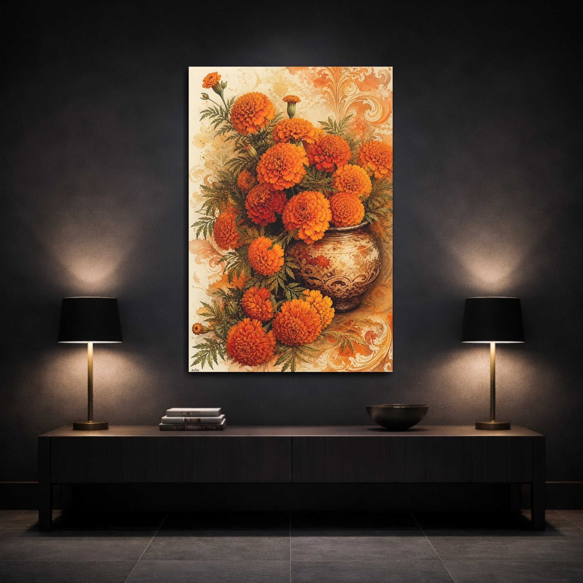 Mockup 3. Floral Marigolds Orange Marigolds shown as canvas print