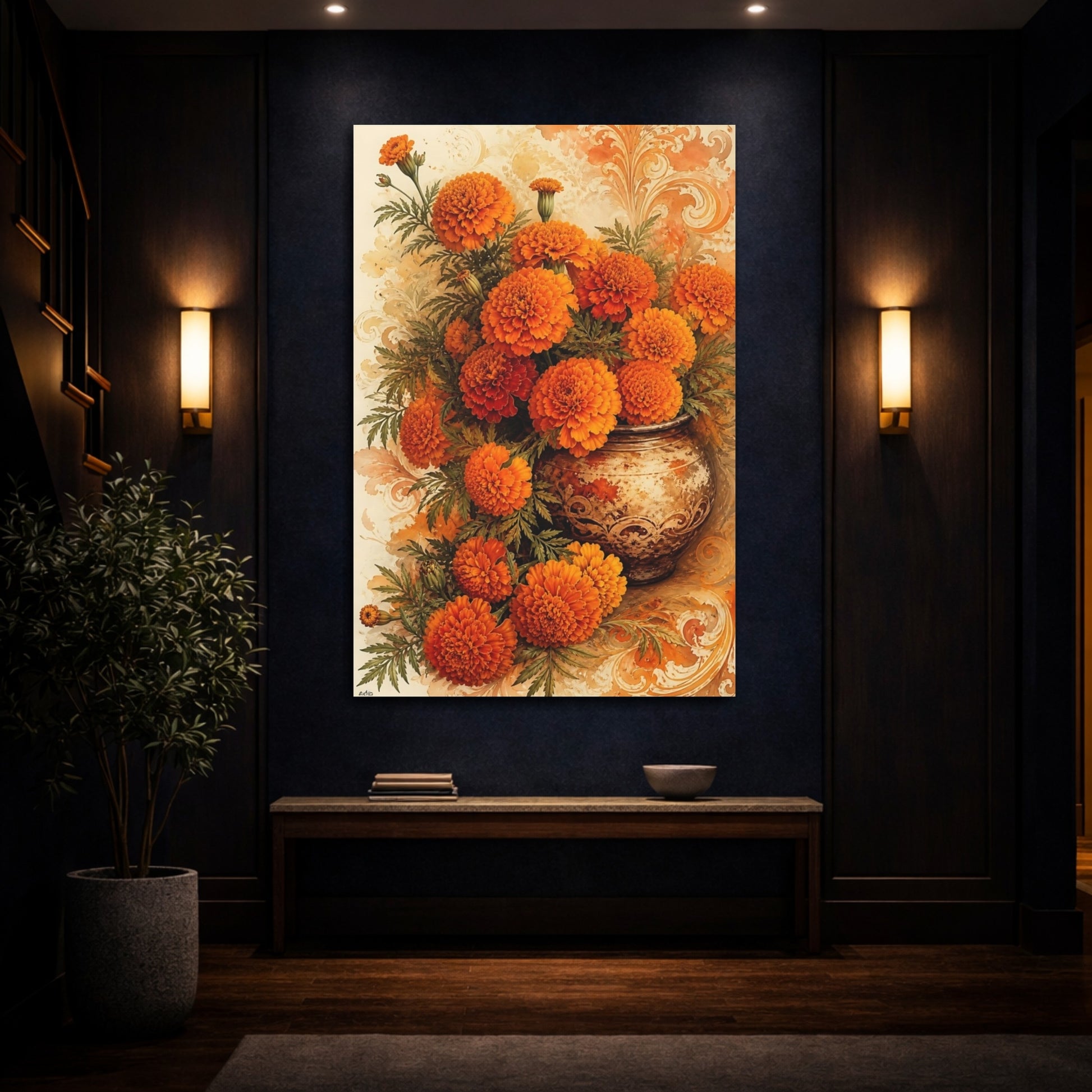 Mockup 4. Floral Marigolds Orange Marigolds shown as canvas print