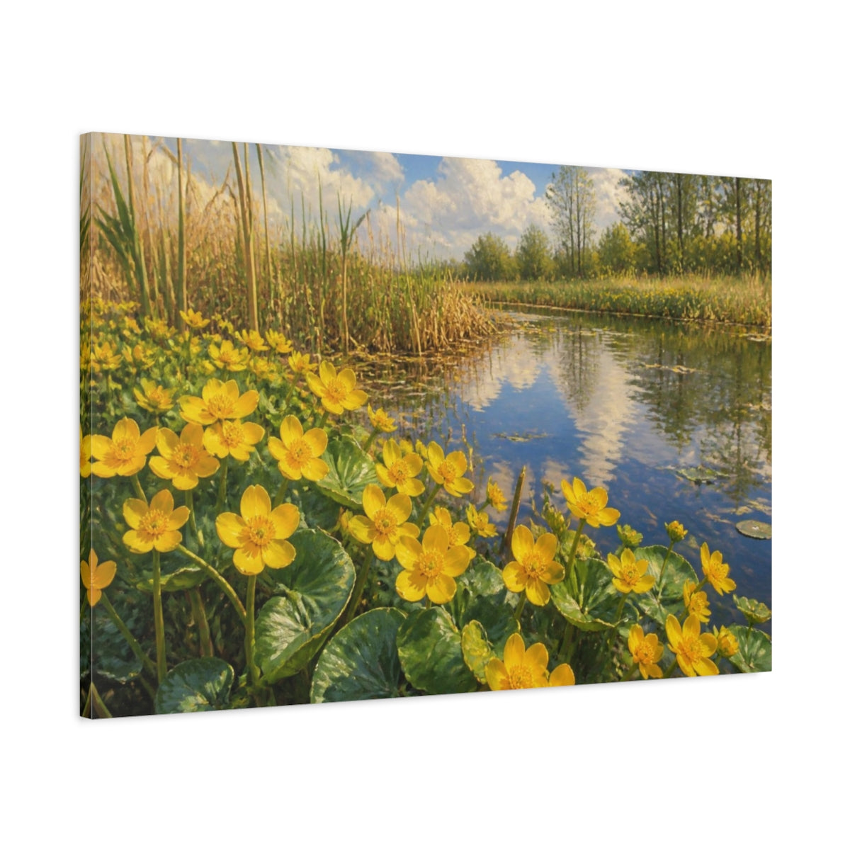 Main Mockup. Floral Marsh Marigolds shown as canvas print