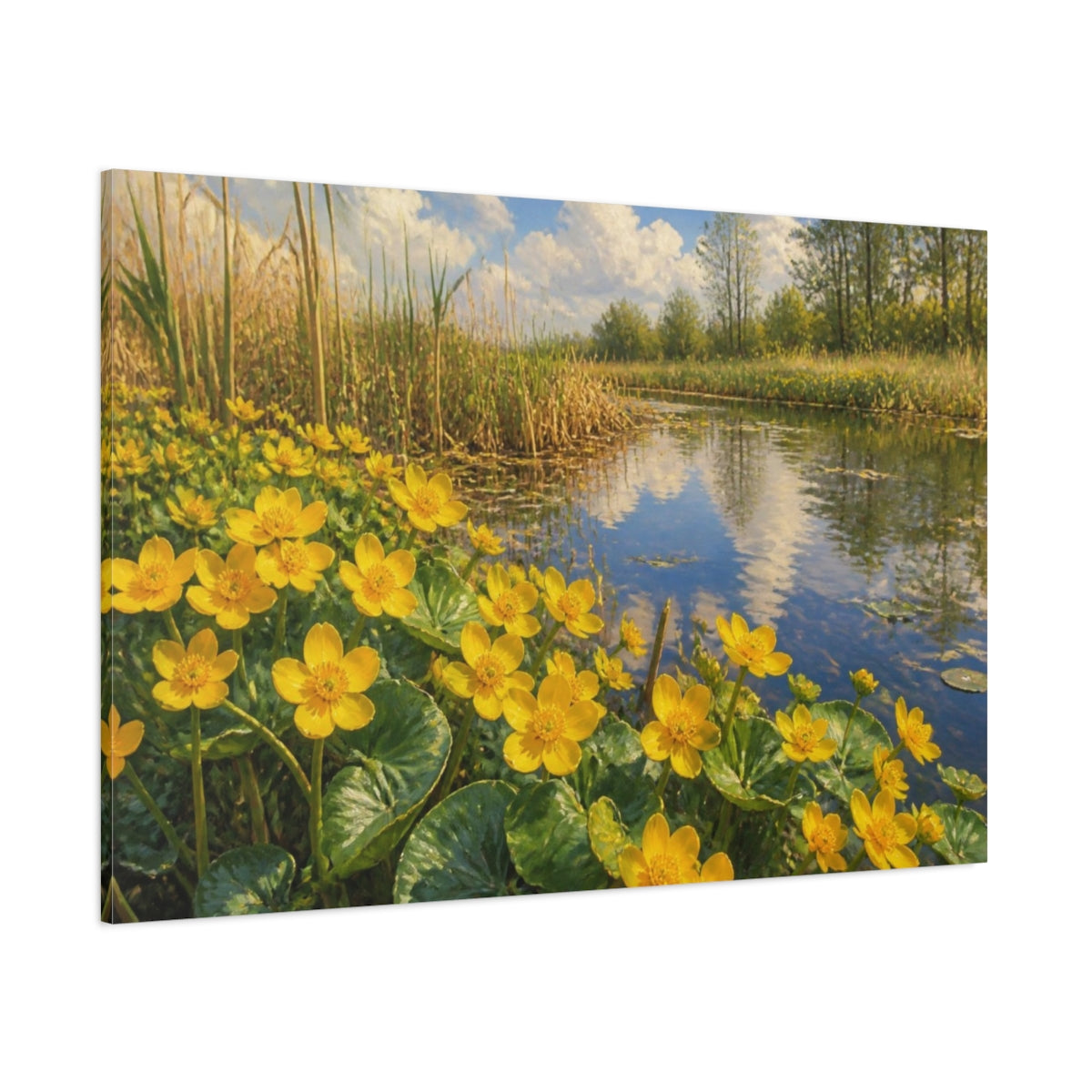 Side Mockup 1. Floral Marsh Marigolds shown as canvas print