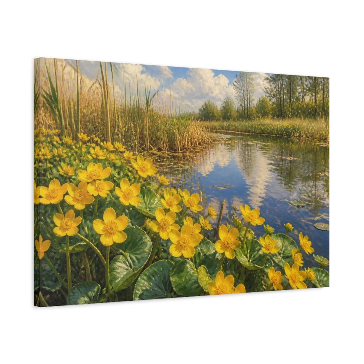 Side Mockup 2. Floral Marsh Marigolds shown as canvas print
