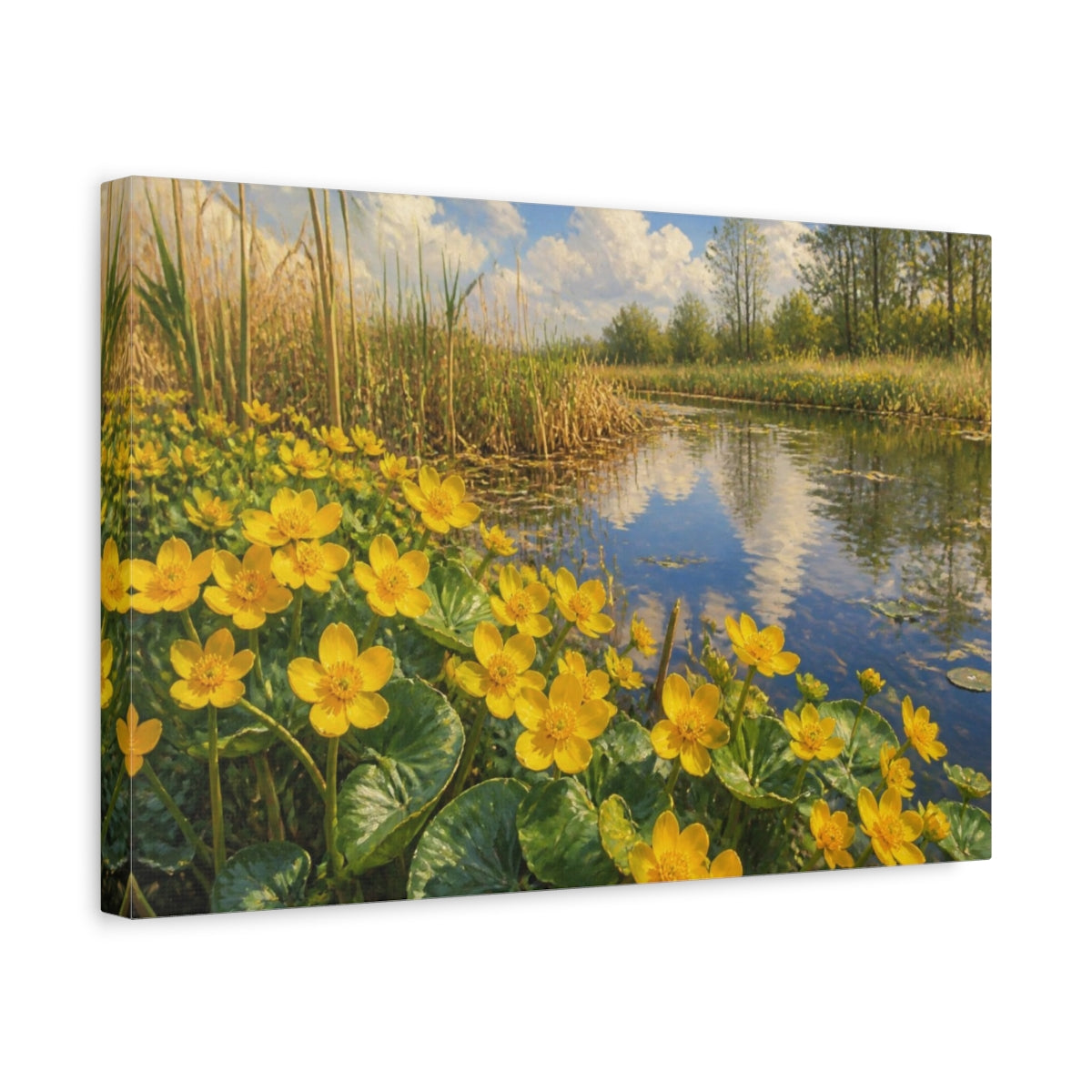 Side Mockup 4. Floral Marsh Marigolds shown as canvas print