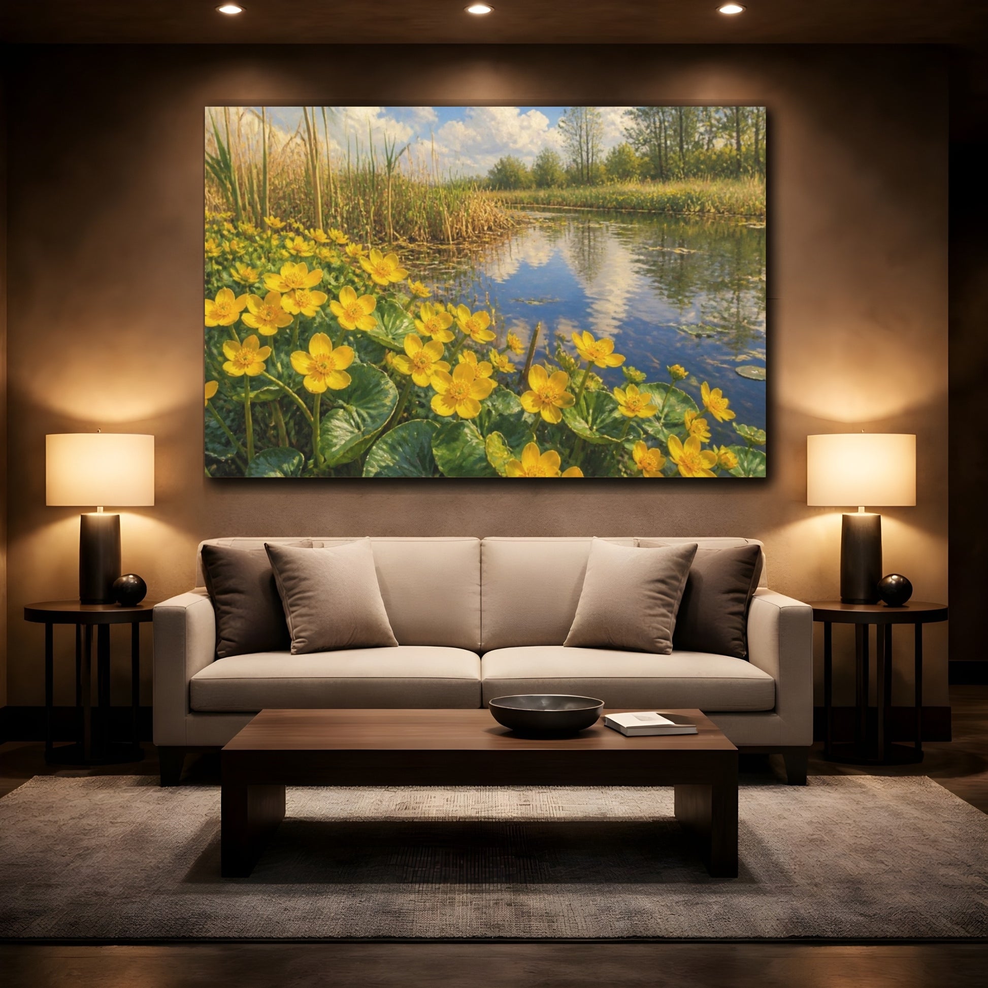 Mockup 2. Floral Marsh Marigolds shown as canvas print