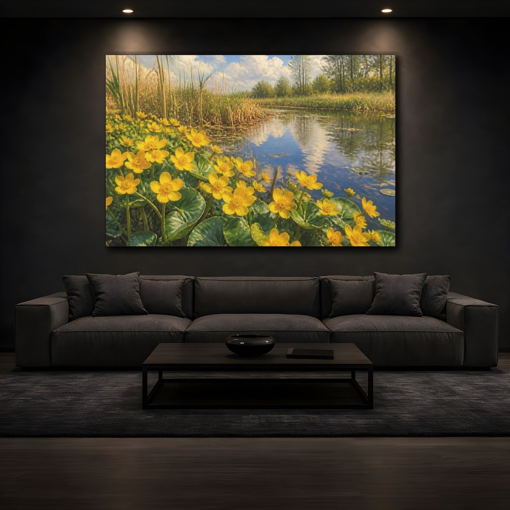 Mockup 3. Floral Marsh Marigolds shown as canvas print