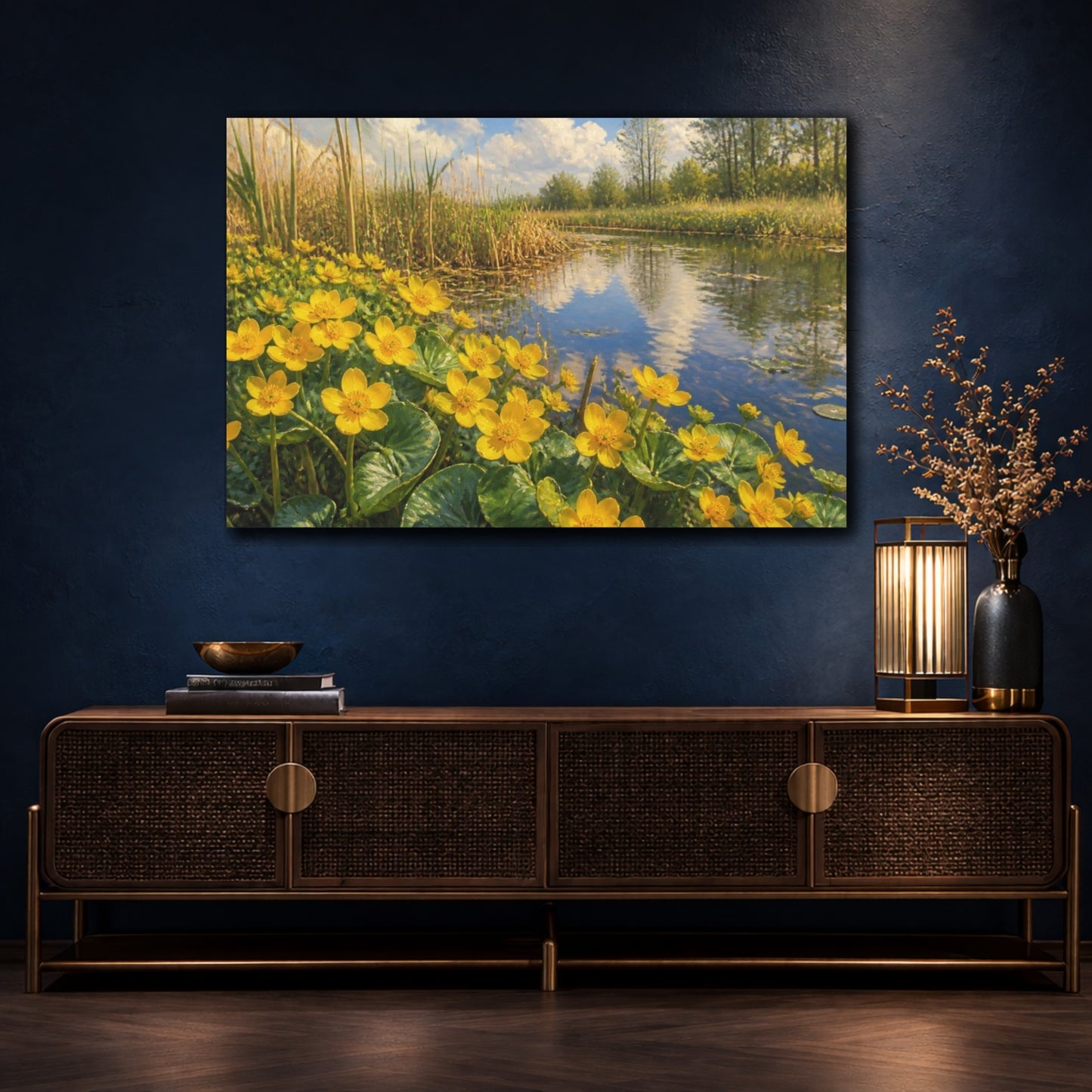 Mockup 4. Floral Marsh Marigolds shown as canvas print