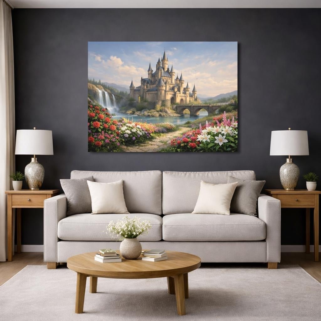 Floral Medieval Castle Fantasy Fairytale - Canvas Wall Art Print - YesArtYes