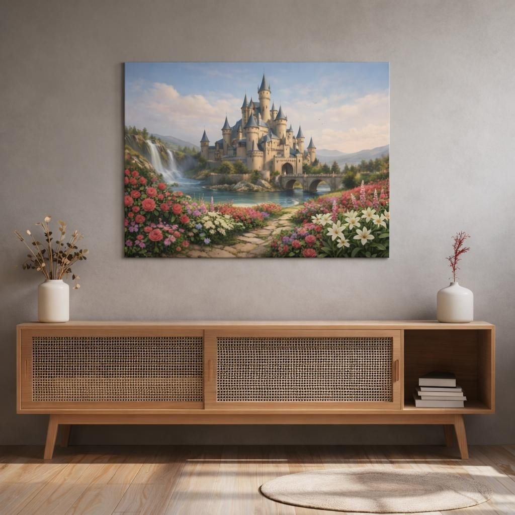 Floral Medieval Castle Fantasy Fairytale - Canvas Wall Art Print - YesArtYes