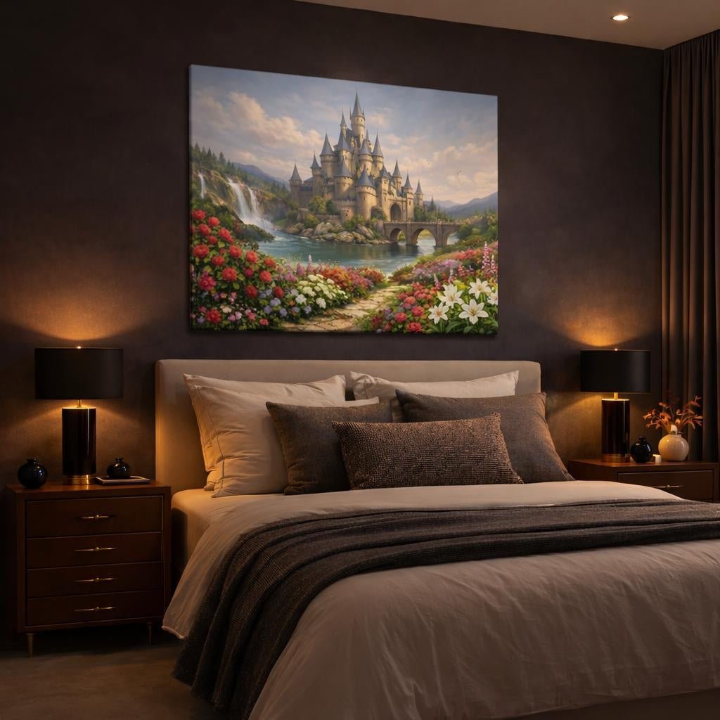 Floral Medieval Castle Fantasy Fairytale - Canvas Wall Art Print - YesArtYes
