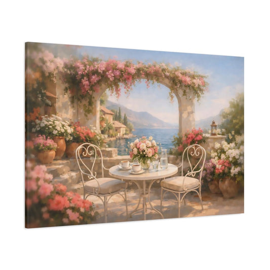 Floral Mediterranean Cafe Terrace Flowering Nature - Canvas Wall Art Print - YesArtYes