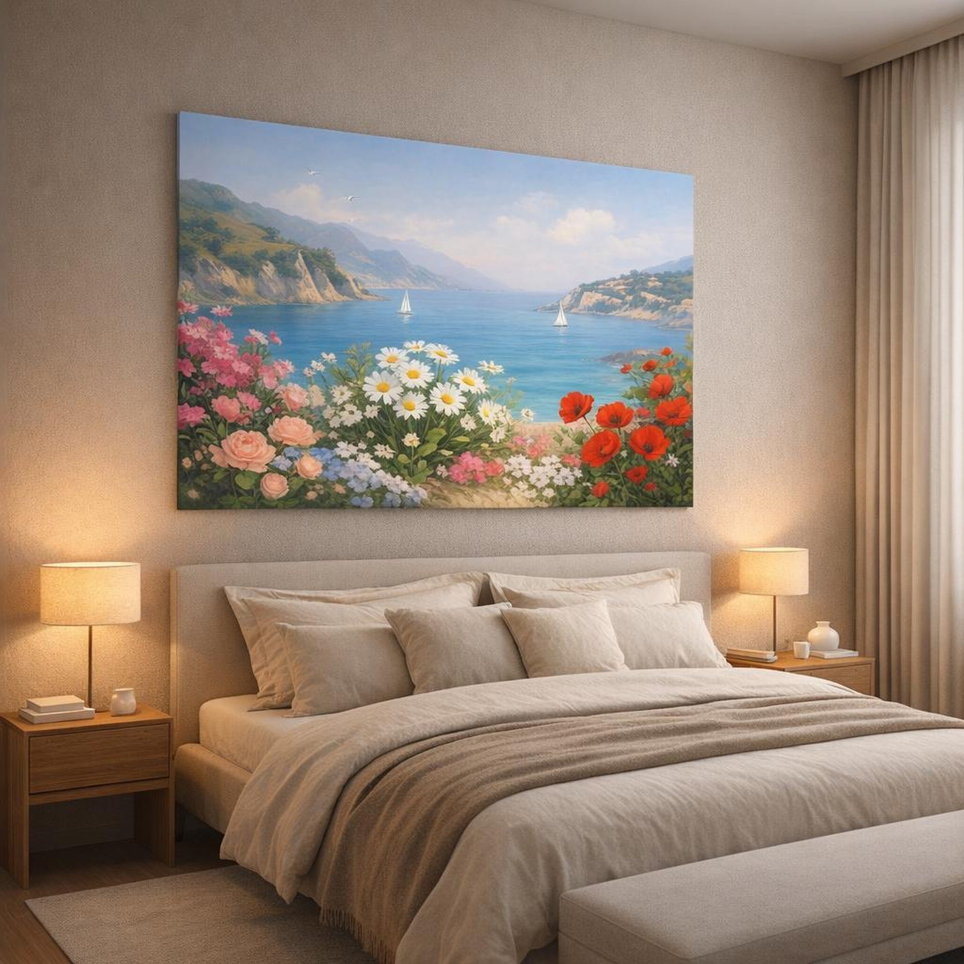 Floral Mediterranean Coast shown as canvas wall art in a luxury bedroom