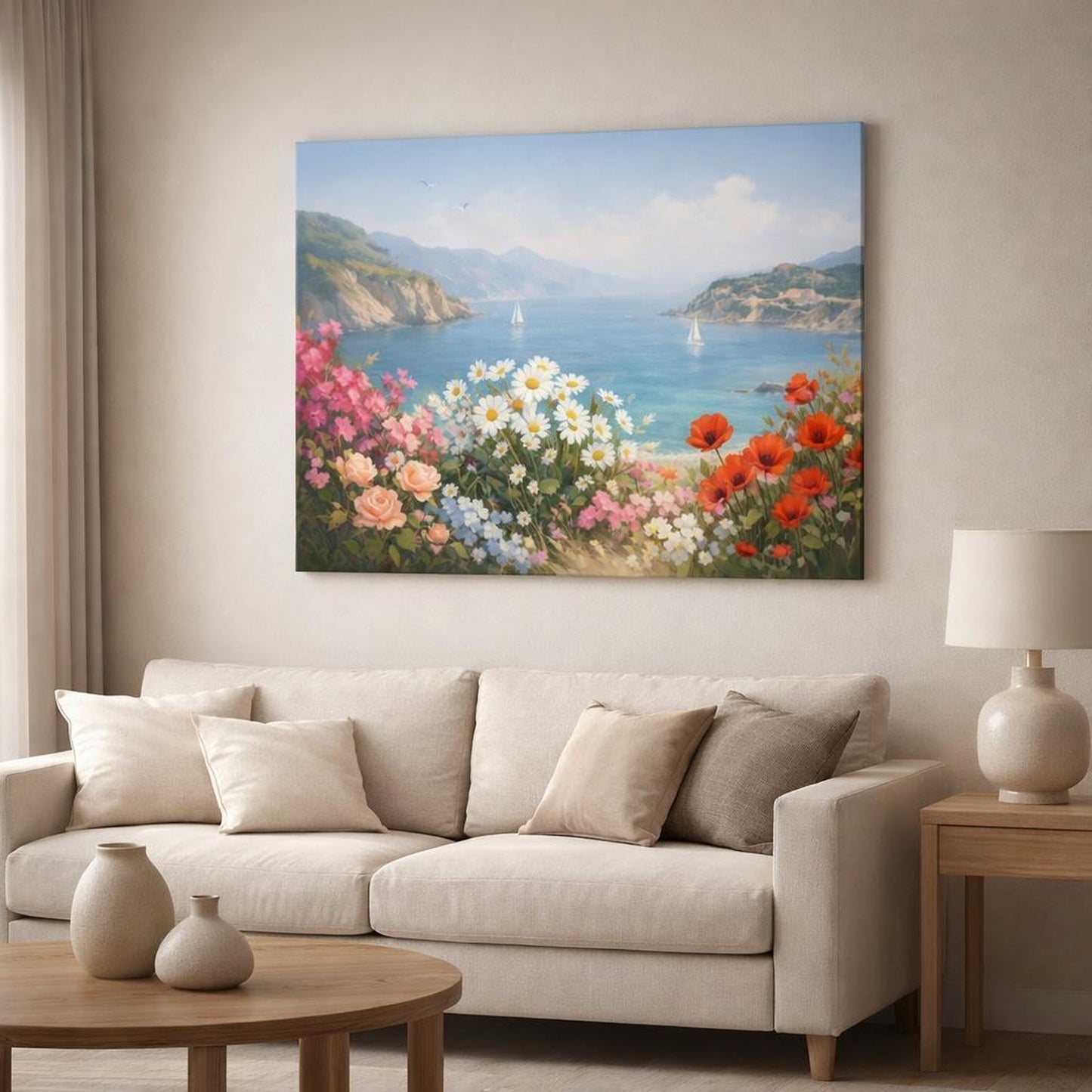 Floral Mediterranean Coast shown as canvas wall art in a modern living room