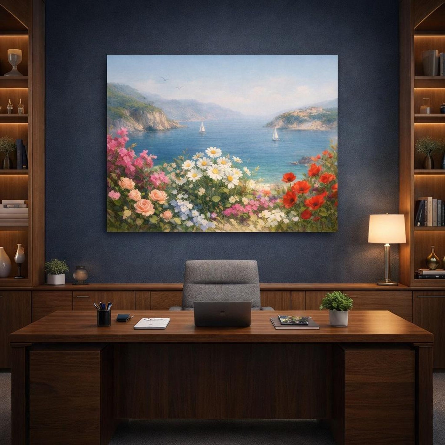 Floral Mediterranean Coast shown as canvas wall art in a refined dining room
