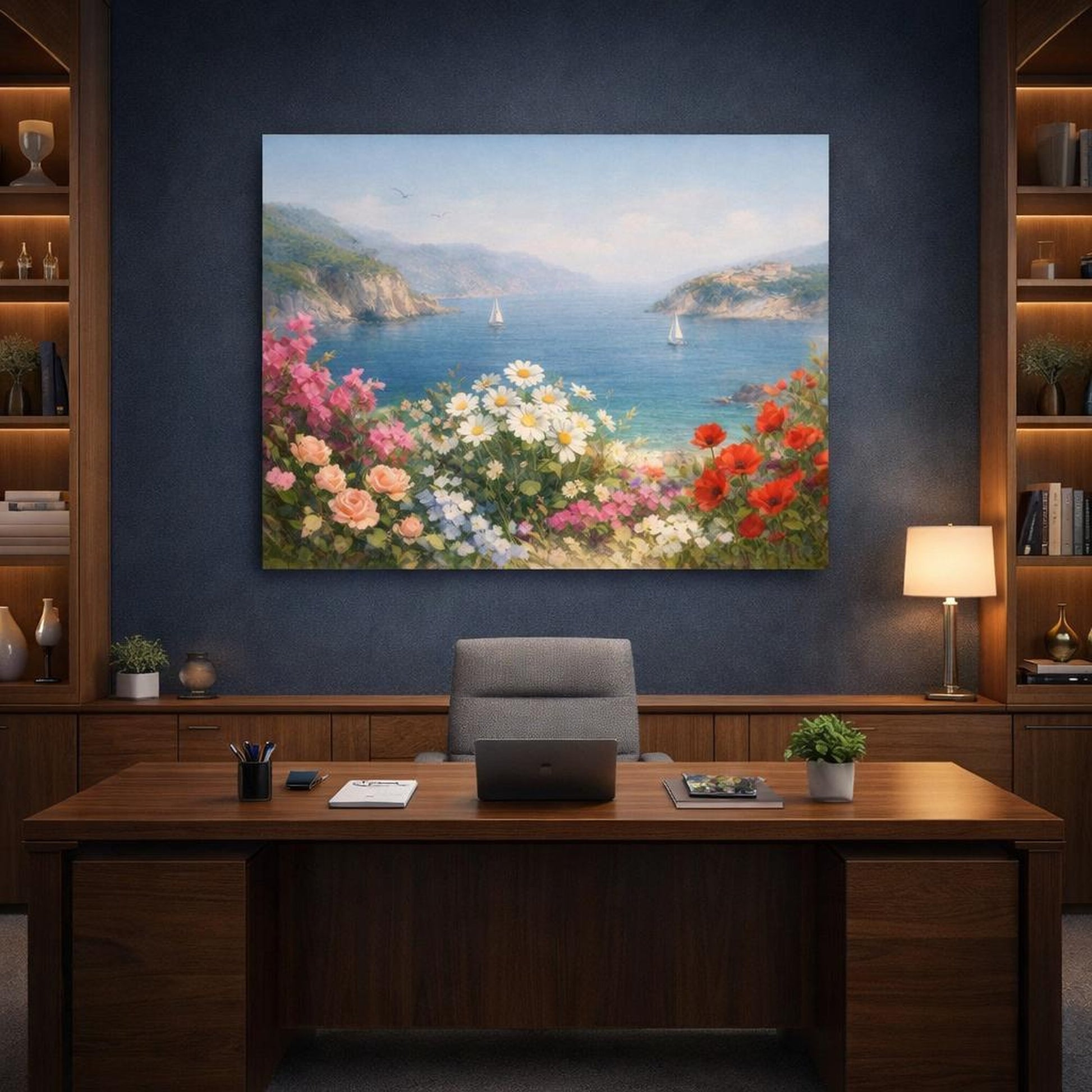 Floral Mediterranean Coast shown as canvas wall art in a refined dining room