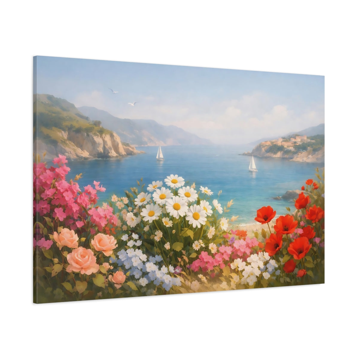 Floral Mediterranean Coast shown as stretched canvas wall art