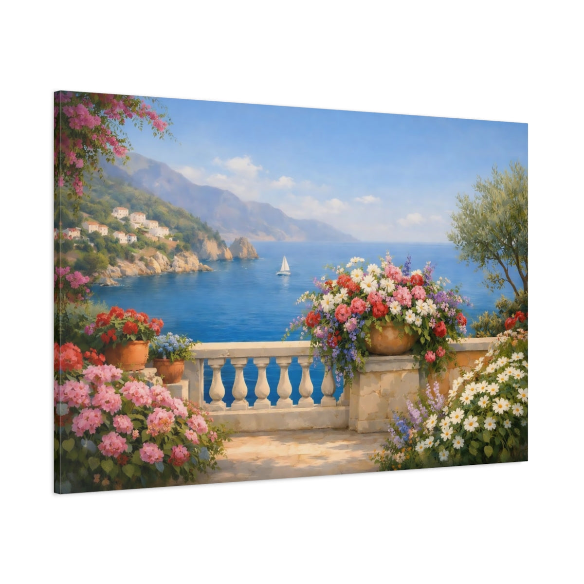 Main Mockup. Floral Mediterranean Coast shown as stretched canvas wall art