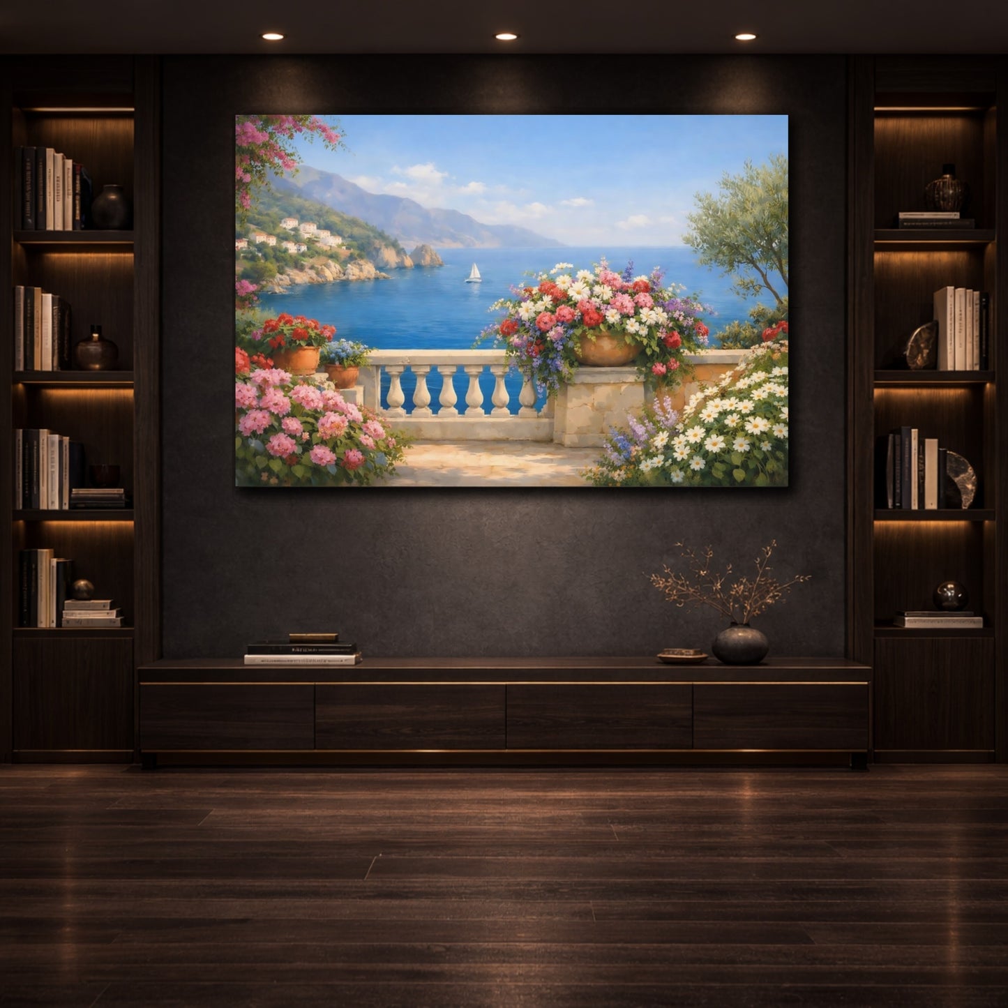 Mockup 2. Floral Mediterranean Coast shown as stretched canvas wall art