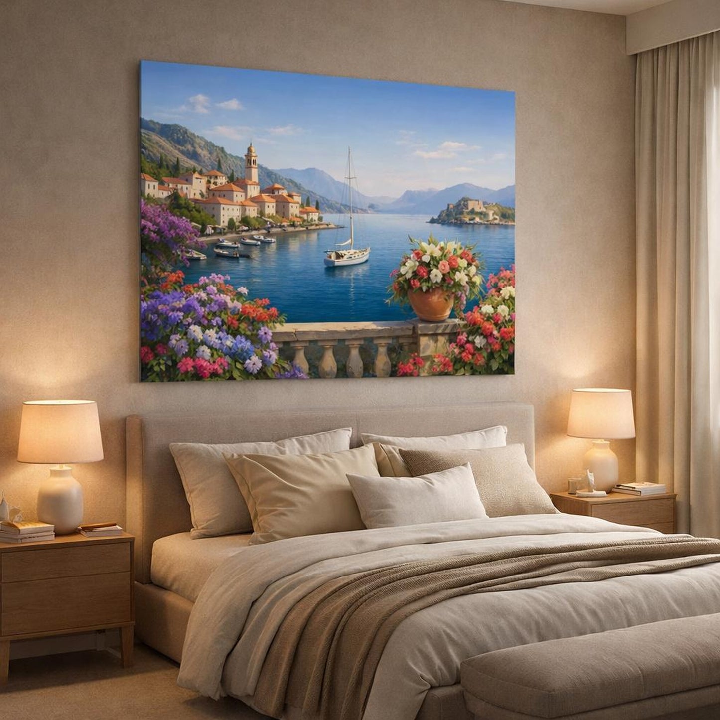 Floral Mediterranean Harbor View shown as canvas wall art in a luxury bedroom