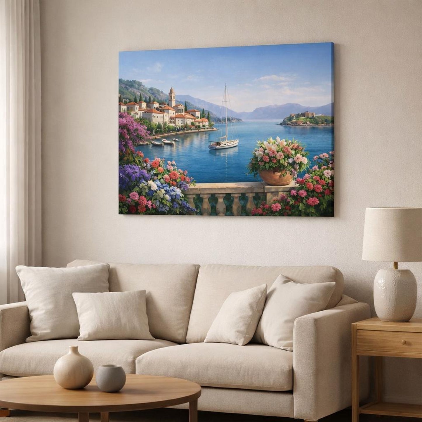Floral Mediterranean Harbor View shown as canvas wall art in a modern living room