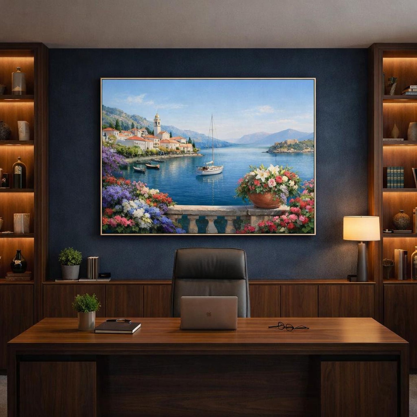Floral Mediterranean Harbor View shown as canvas wall art in a refined dining room