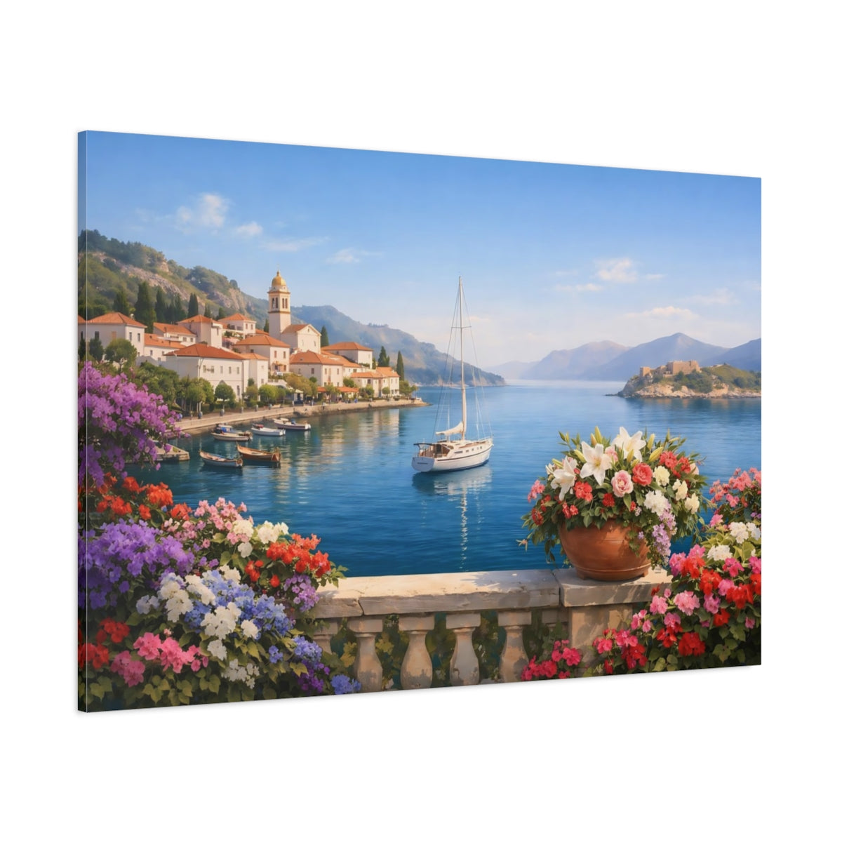 Floral Mediterranean Harbor View shown as stretched canvas wall art
