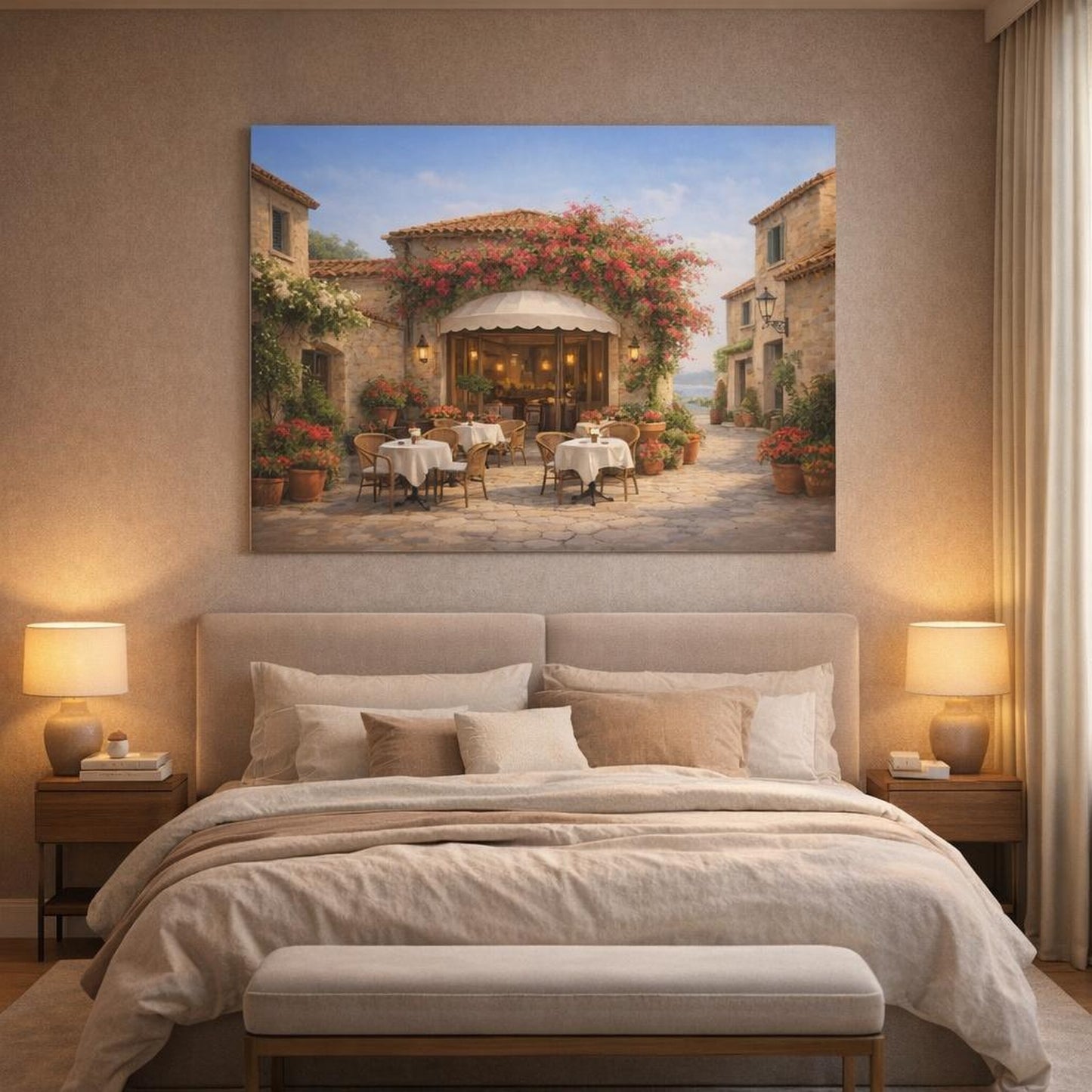 Floral Mediterranean Street Cafe shown as canvas wall art in a luxury bedroom