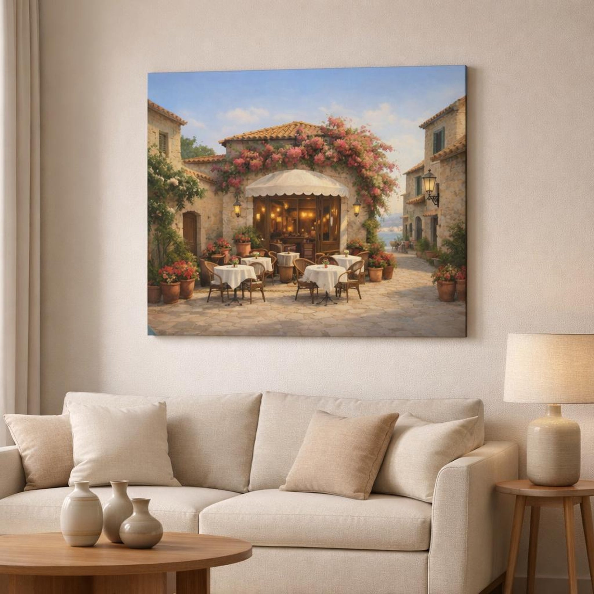 Floral Mediterranean Street Cafe shown as canvas wall art in a modern living room