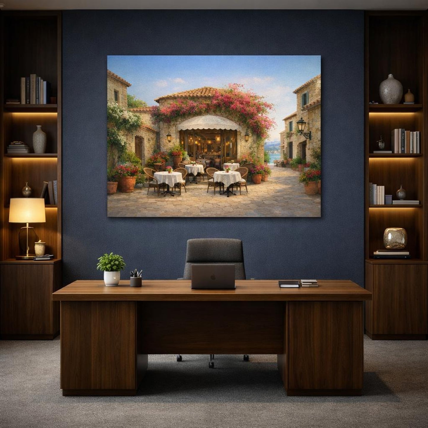 Floral Mediterranean Street Cafe shown as canvas wall art in a refined dining room