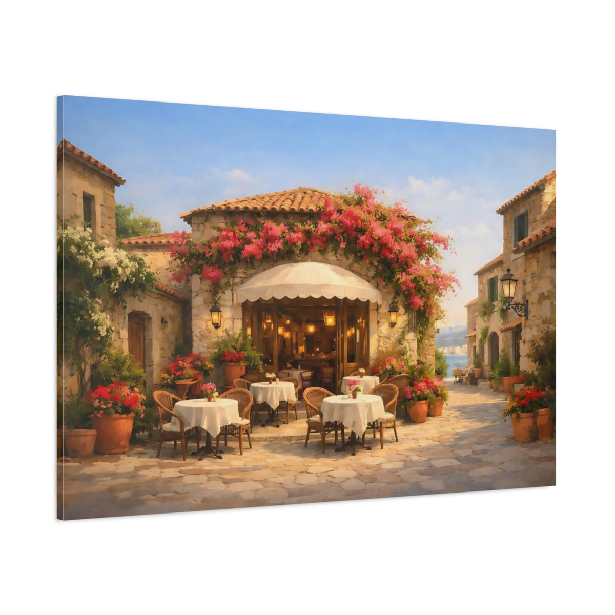Floral Mediterranean Street Cafe shown as stretched canvas wall art