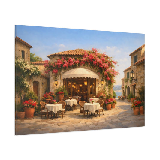 Floral Mediterranean Street Cafe shown as stretched canvas wall art