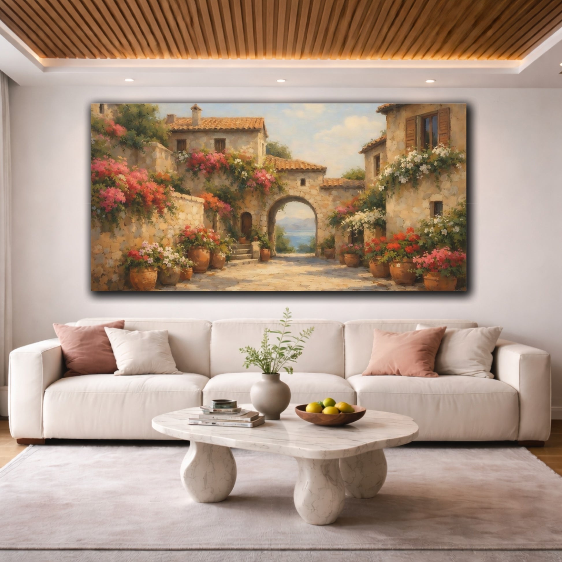 Mockup 3. Floral Mediterranean Village Mediterranean Floral Village shown as stretched canvas wall art